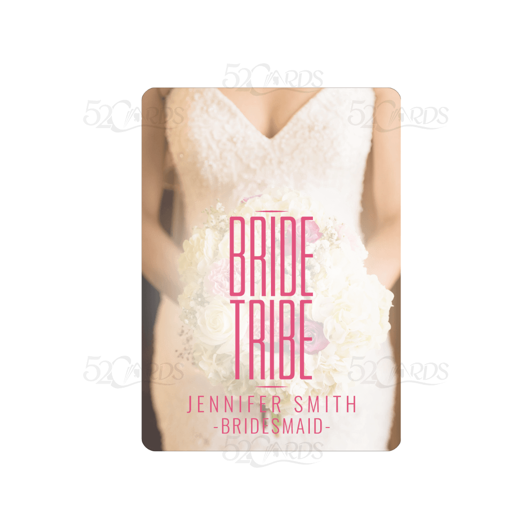Custom Bride Tribe bridesmaid playing card over a wedding dress and bouquet background
