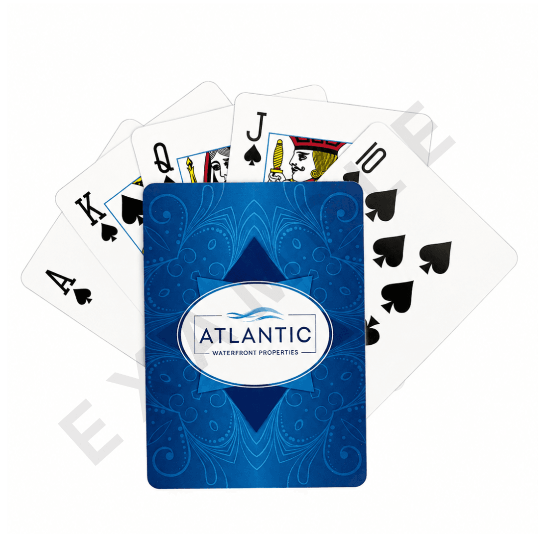 Custom playing card example featuring the Atlantic Waterfront Properties corporate logo, fanned with a full deck