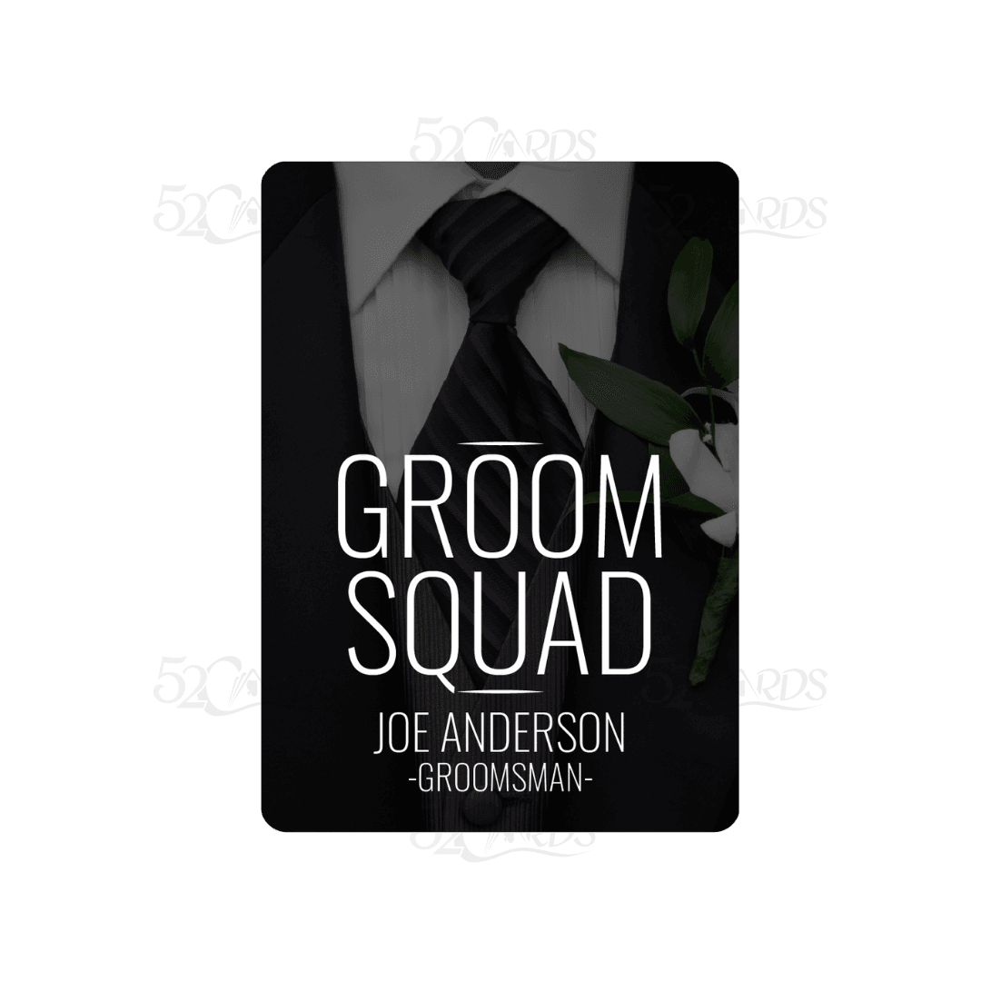 Custom Groom Squad groomsman playing card over a suit and tie background