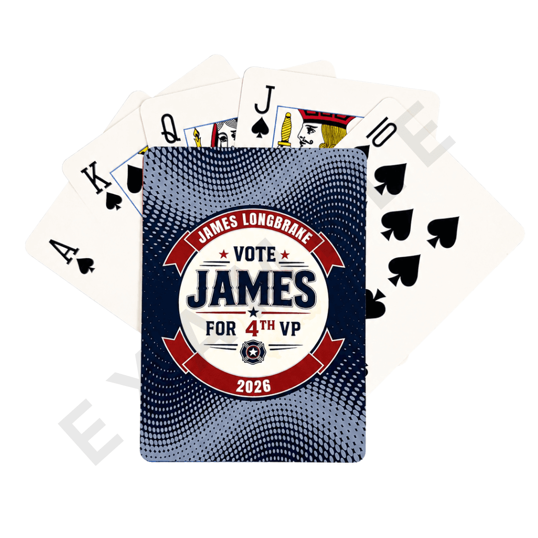 Custom playing card example with a personalized political campaign logo, fanned with a full deck