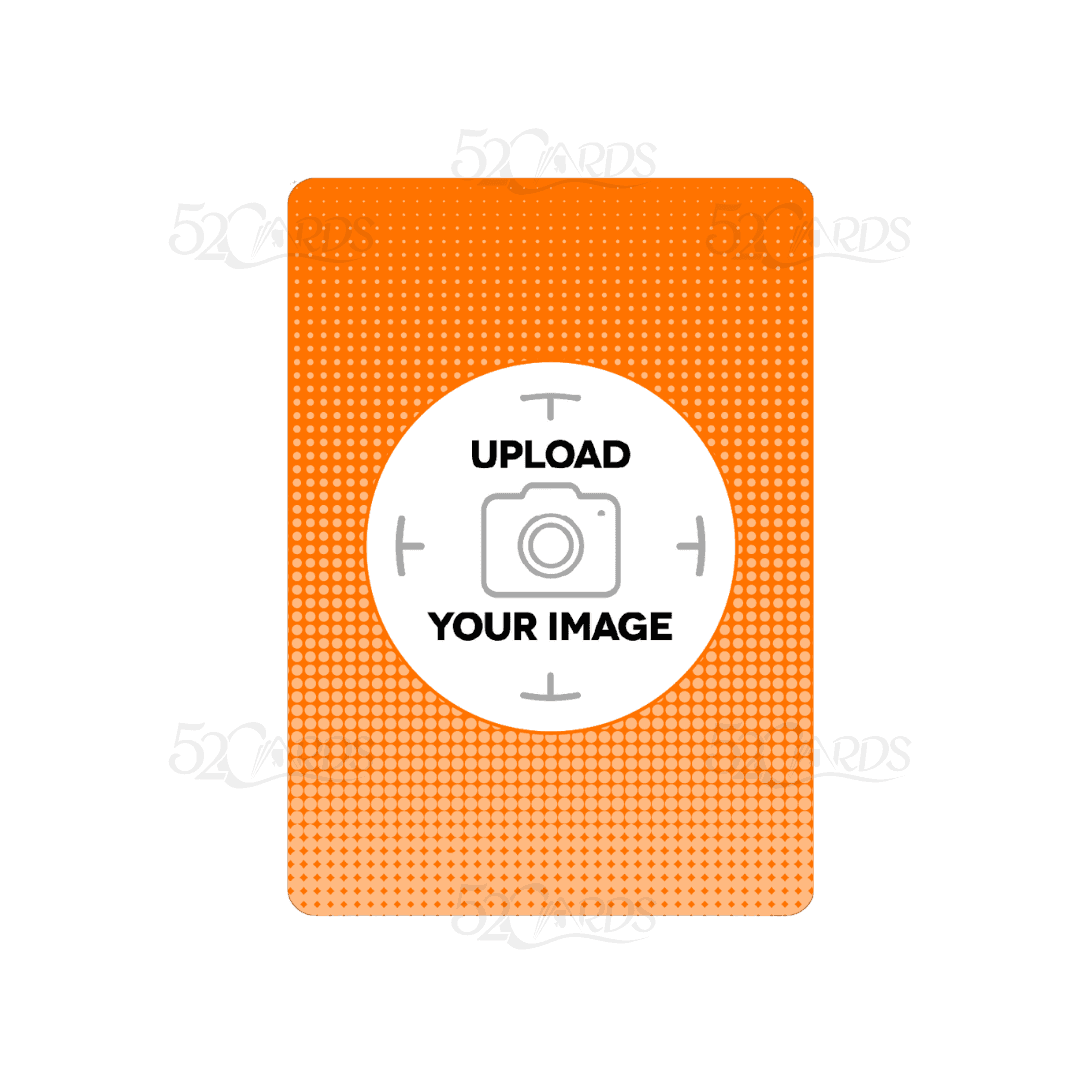 Custom playing card template with an upload your image placeholder on an orange background