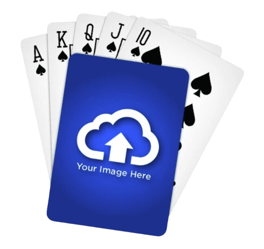 Upload your own design custom playing cards with blue card back showing cloud upload icon and image placeholder
