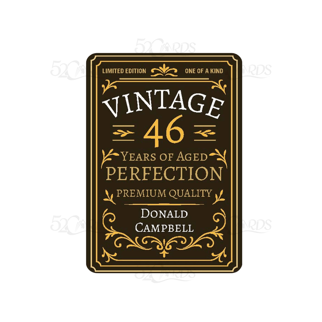 Vintage-style custom birthday playing card with Years of Aged Perfection text and a personalized name