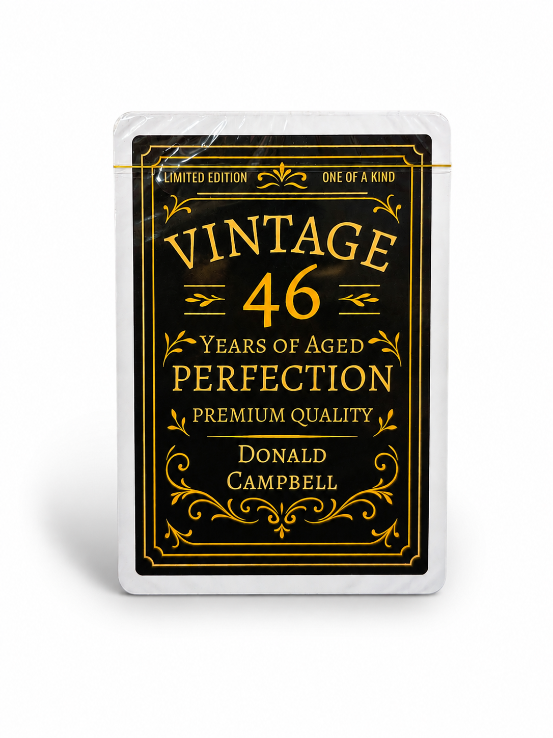 Playing card with vintage design and text on a white background