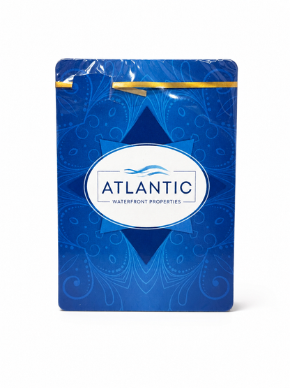 Blue Playing Cards with Atlantic Waterfront Properties logo on a white background