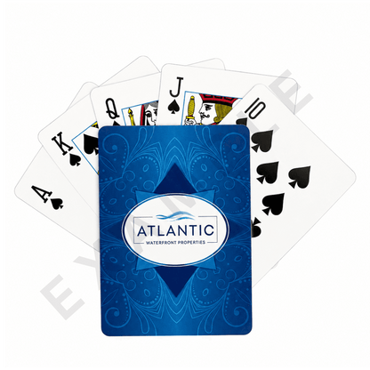 Custom playing card example featuring the Atlantic Waterfront Properties corporate logo, fanned with a full deck