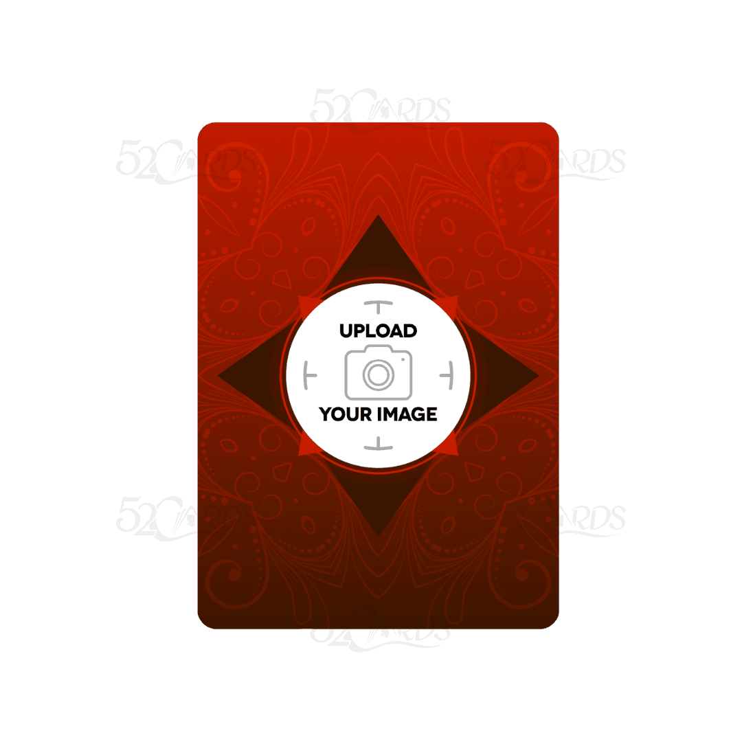 Custom playing card template with a decorative red pattern and an upload your image placeholder for a corporate logo