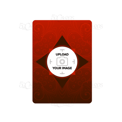Custom playing card template with a decorative red pattern and an upload your image placeholder for a corporate logo