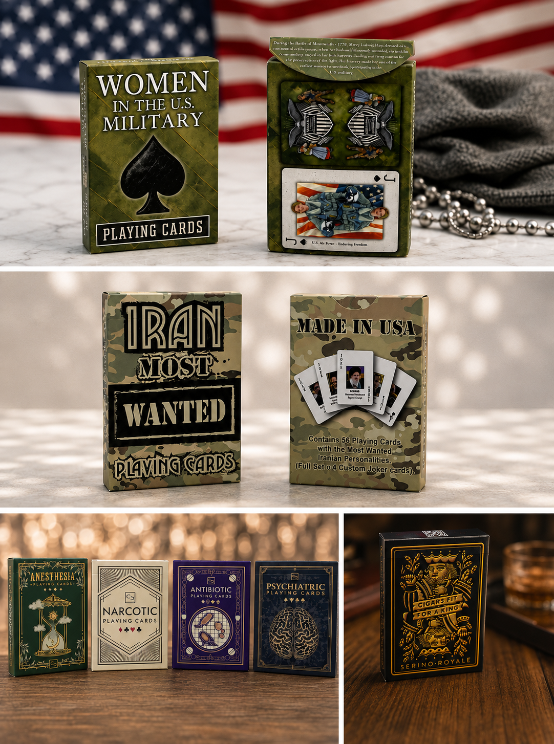 A collage of playing card decks with military and patriotic designs, including 'Women in the U.S.