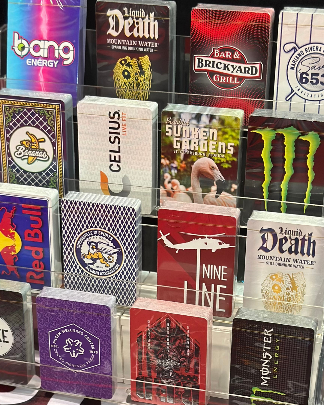 Custom Playing Cards including Bar & Brickyard Grill, Celsius, Nine Line, and Red Bull