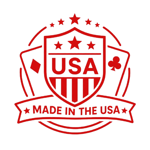 A red USA shield emblem with playing card suits, stars, and a banner reading 'MADE IN THE USA' on a white background.