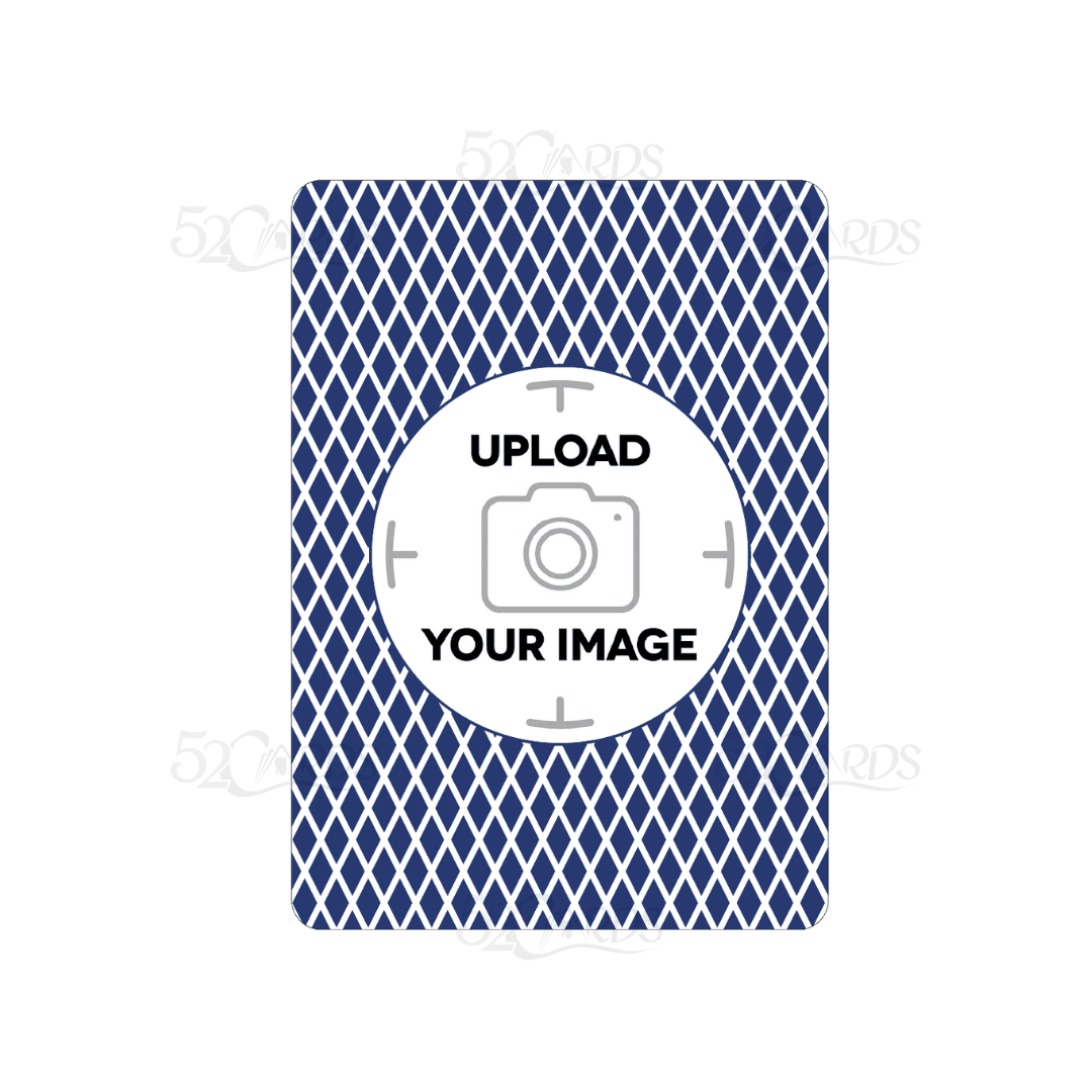 Custom playing card template with a blue diamond pattern and an upload your image placeholder