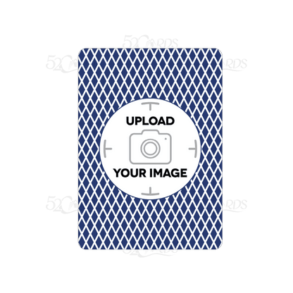 Custom playing card template with a blue diamond pattern and an upload your image placeholder