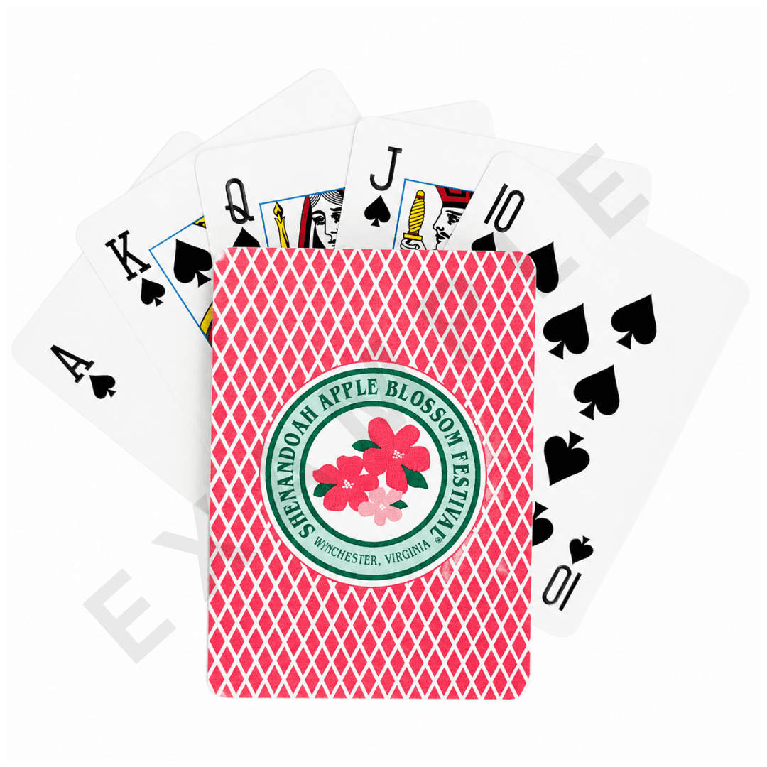 Customer example of a custom diamond-pattern playing card for the Shenandoah Apple Blossom Festival, fanned with a full deck