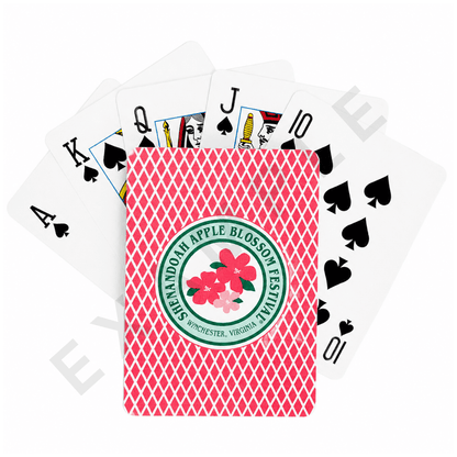 Customer example of a custom diamond-pattern playing card for the Shenandoah Apple Blossom Festival, fanned with a full deck