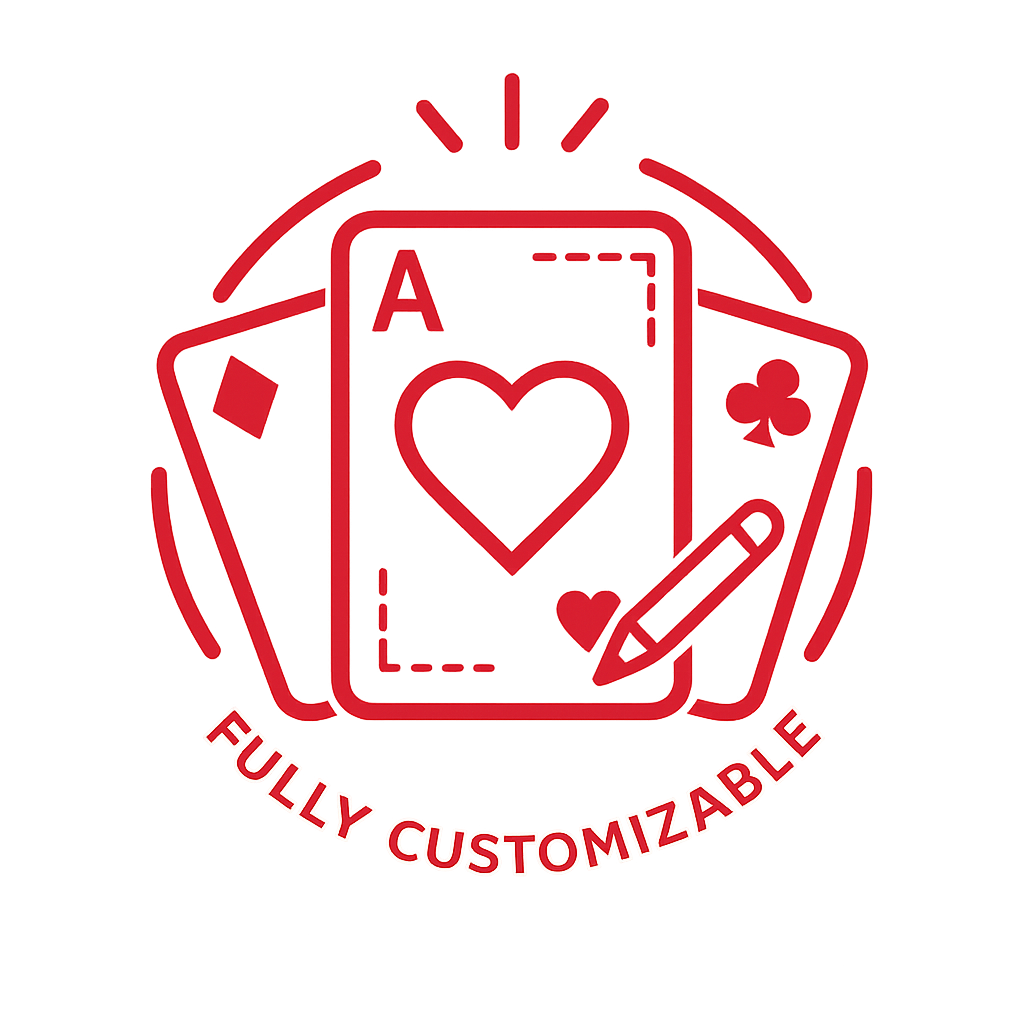 A red line-art icon of an Ace of Hearts playing card with two other cards behind it, a pencil, and the text 'FULLY CUSTOMIZABLE' on a white background.