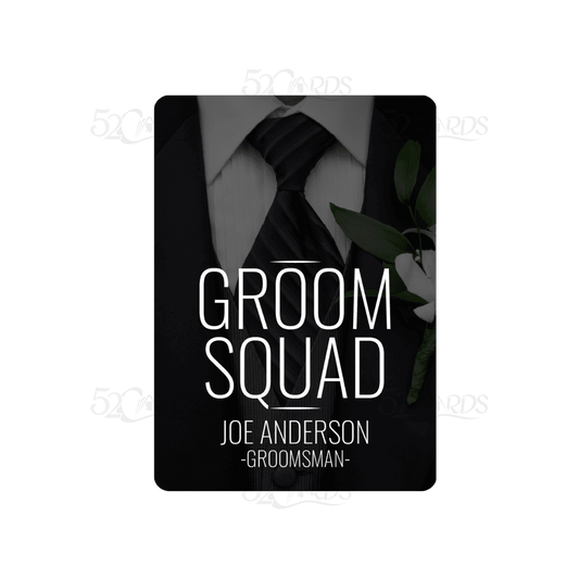 Custom Groom Squad groomsman playing card over a suit and tie background