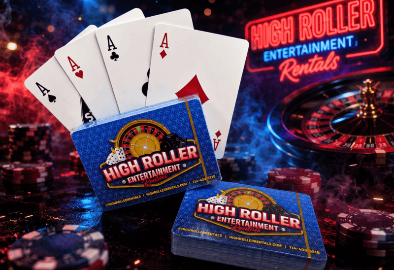 Playing cards with 'High Roller Entertainment' branding on a casino-themed background.