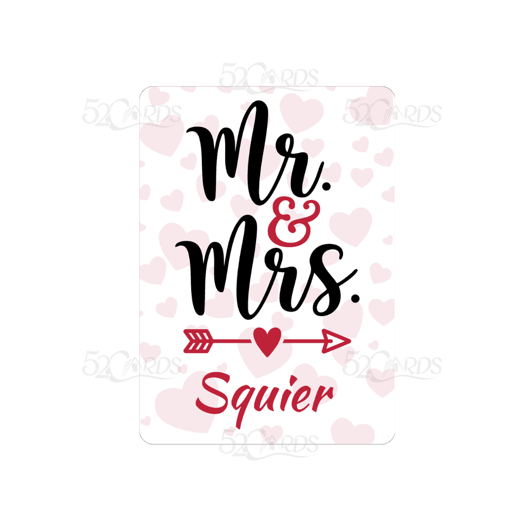 Personalized Mr. and Mrs. custom playing card with a last name and heart design on a floral background