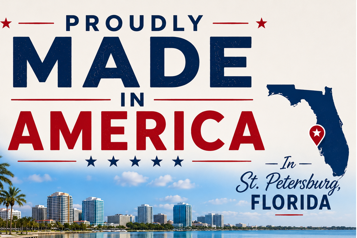 Promotional graphic for 'Proudly Made in America' with St. Petersburg, Florida, and an American flag.