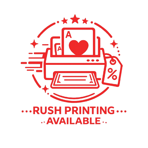 Red line-art icon of a printer with playing cards and stars above the text 'RUSH PRINTING AVAILABLE' on a white background.