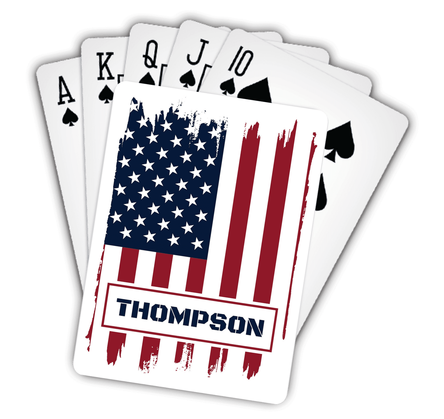 American flag custom playing cards with patriotic distressed red white and blue design and personalized family name