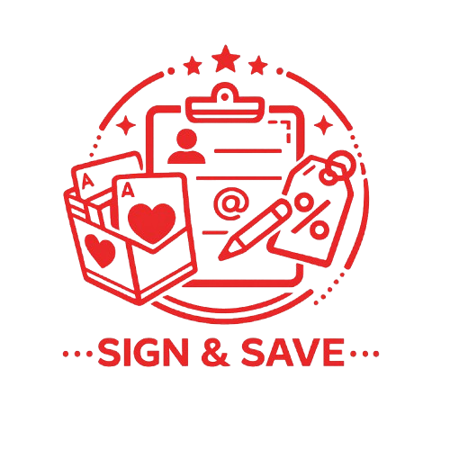 A red line-art icon and text reading 'SIGN & SAVE' on a white background, featuring symbols like cards, a clipboard, a pen, and a price tag.