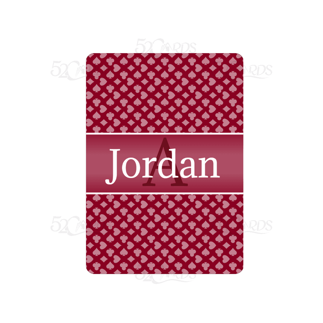 Custom playing card personalized with a name on a red heart-patterned background