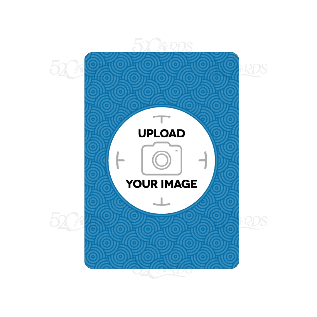 Custom playing card template with a blue circular pattern and an upload your logo placeholder