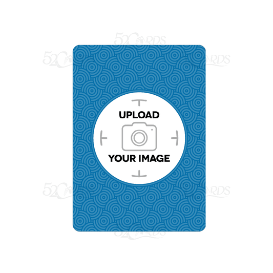 Custom playing card template with a blue circular pattern and an upload your logo placeholder
