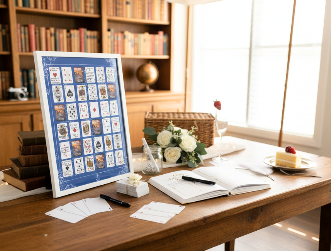 Custom playing card deck framed as wall art on a home office desk