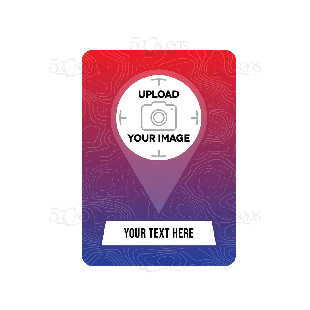 Custom playing card template with a map pin design for a travel destination and personalized text