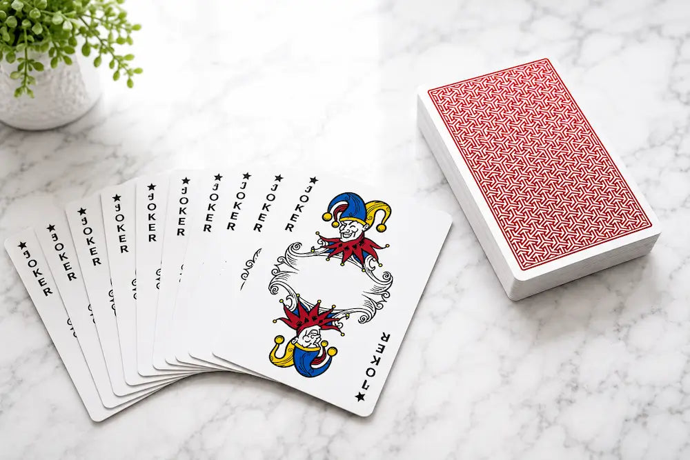 Playing cards with joker illustrations on a marble surface